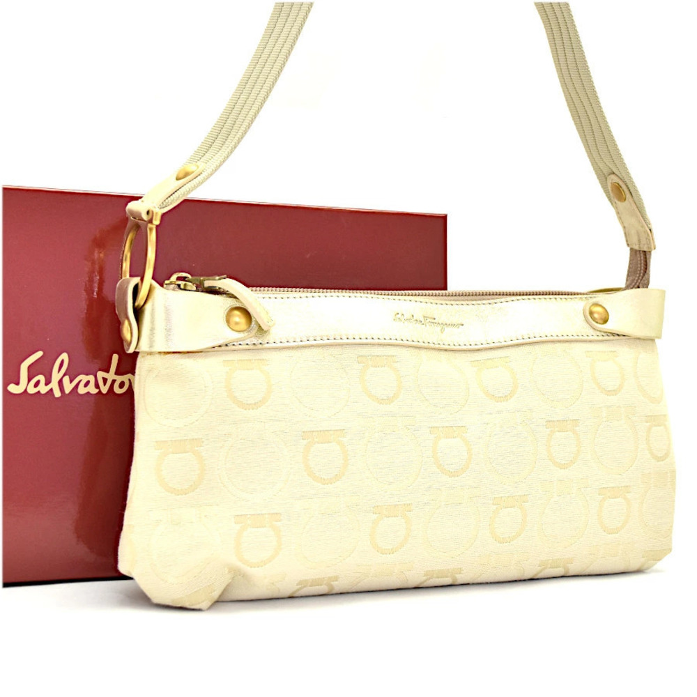 Salvatore Ferragamo Hobo Bag Gancini Canvas x Leather Off White Gold Salvatore